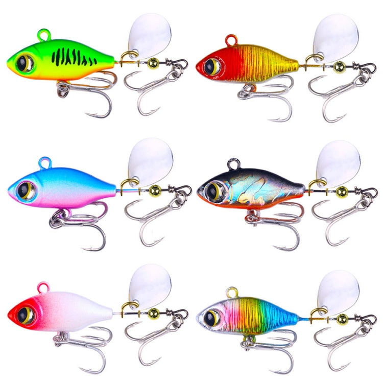 Assorted sequin fishing lures with spinner blades and treble hooks (green, red, blue)