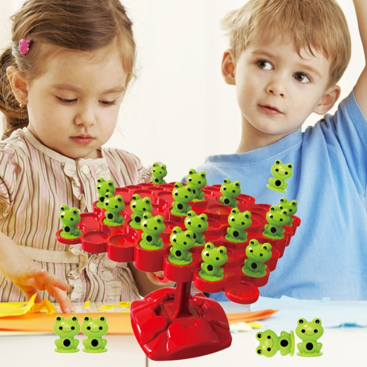 Children’s frog balance tree stacking tower with green frog figures and red base
