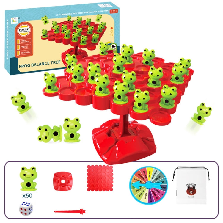 Frog balance tree interactive stacking game set with red discs and green frogs