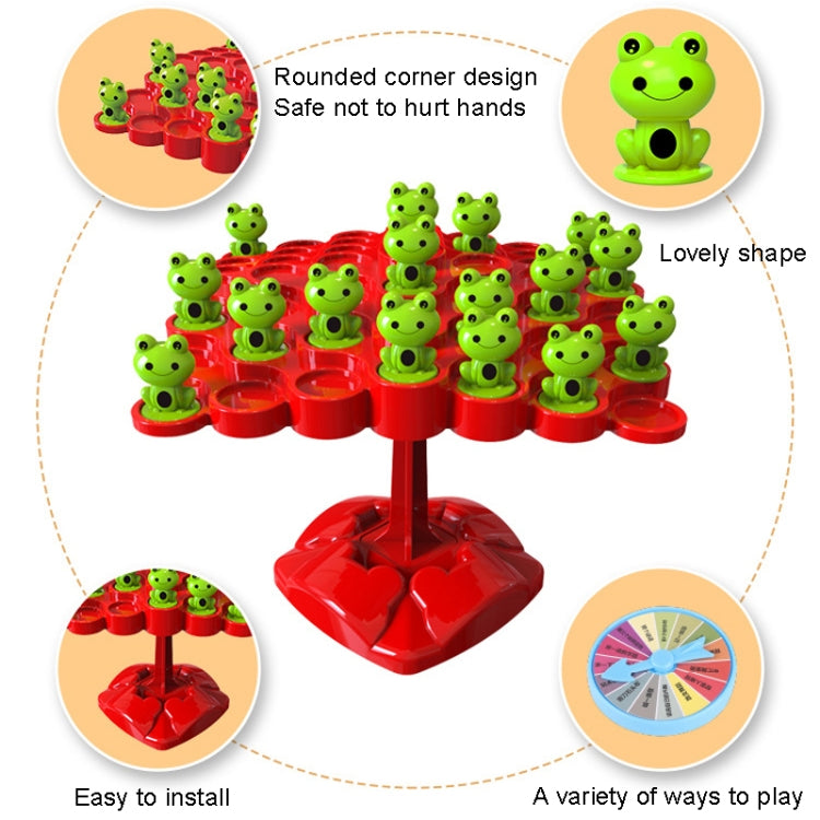 Red frog balance tree toy with green frog pieces and round base stand