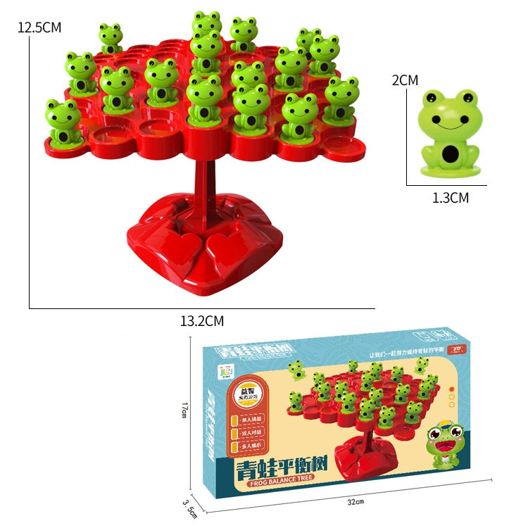 Frog balance tree toy with red base and multiple green frog figures (dimensions)