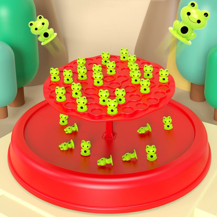 Red frog balance tree tabletop toy with green frog figures scattered on base