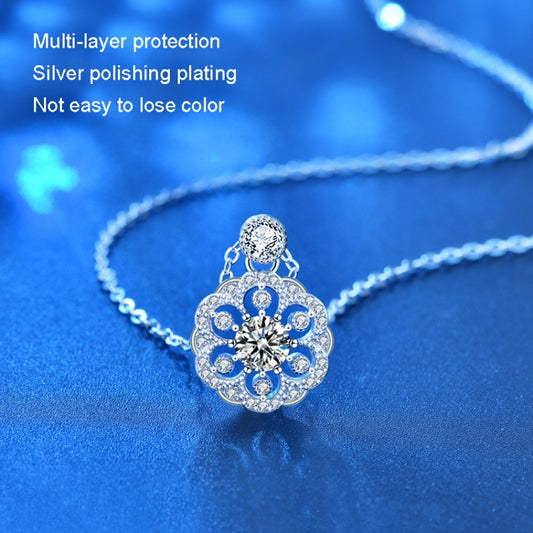 Silver moissanite-style flower pendant necklace with detailed round center stone