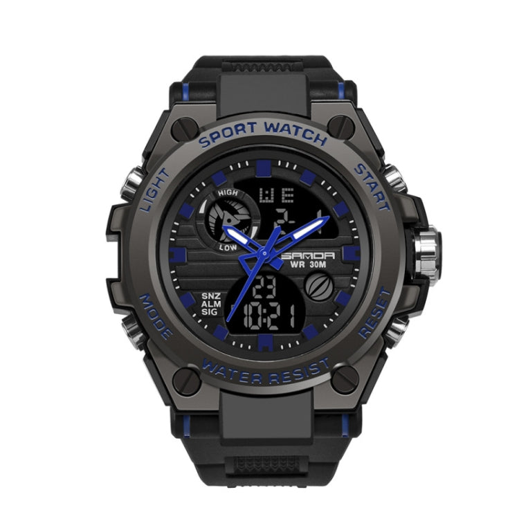 Blue-accent sport wristwatch with black case, dual displays, and side buttons