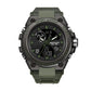 Army green sport wristwatch with black dial, dual displays, and textured strap