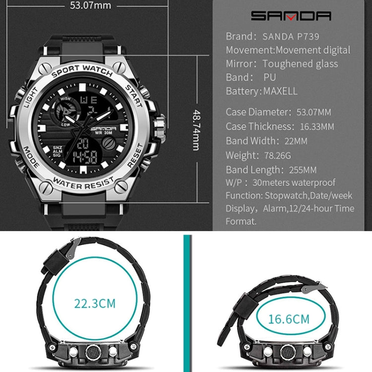 Waterproof sports watch dimensions diagram, black case and blue-accented dial