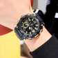 SMAEL men's sports watch with black case, gold accents, multi-dial face, black strap
