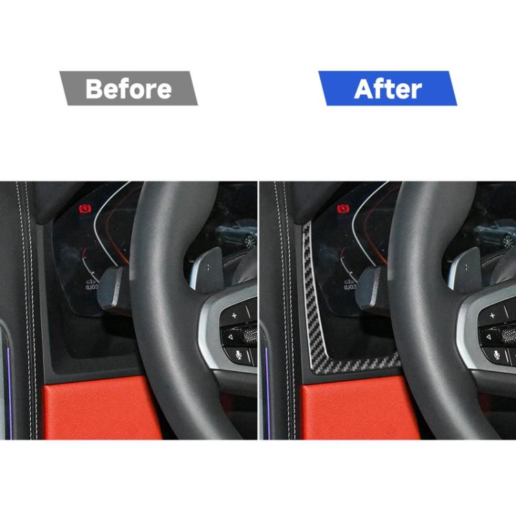 Installed instrument trim stickers shown before and after on right-hand drive dashboard
