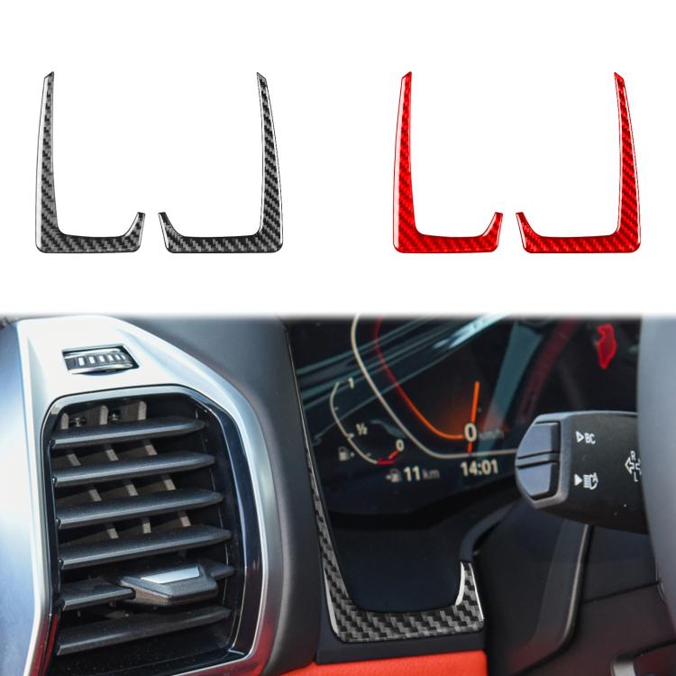 Dashboard trim stickers showing black and red carbon-fiber L-shaped pieces installed
