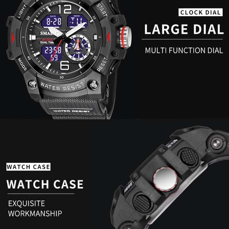 Black SMAEL quartz sports watch close-up with large dial and multi-function subdials