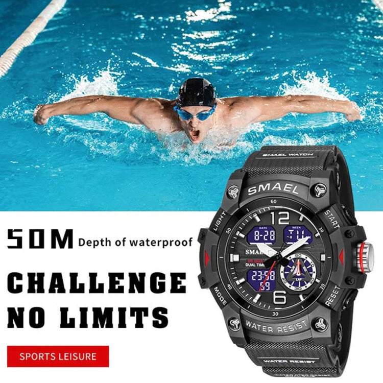 SMAEL waterproof quartz sports watch with black case and red pushers
