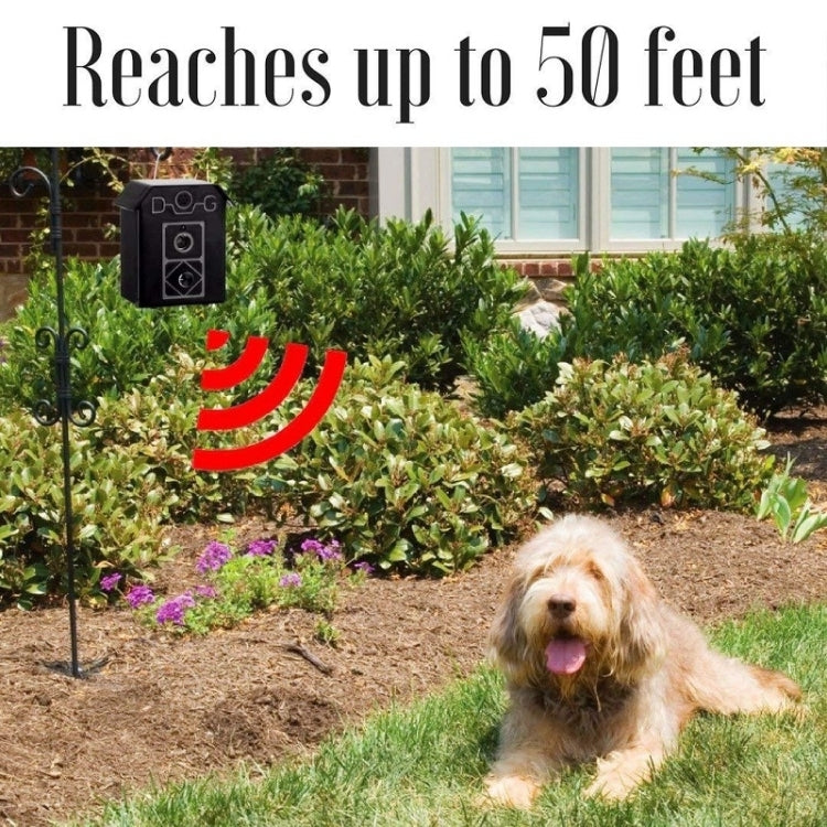 Ultrasonic bark stopper device outdoors mounted on a post