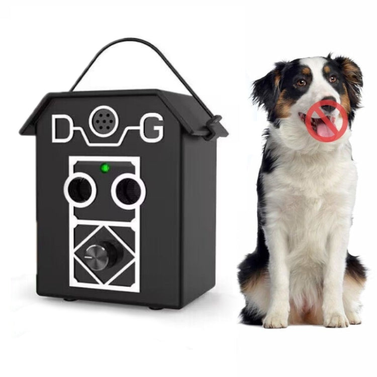 Black ultrasonic bark stopper device shaped like a doghouse with hanging handle