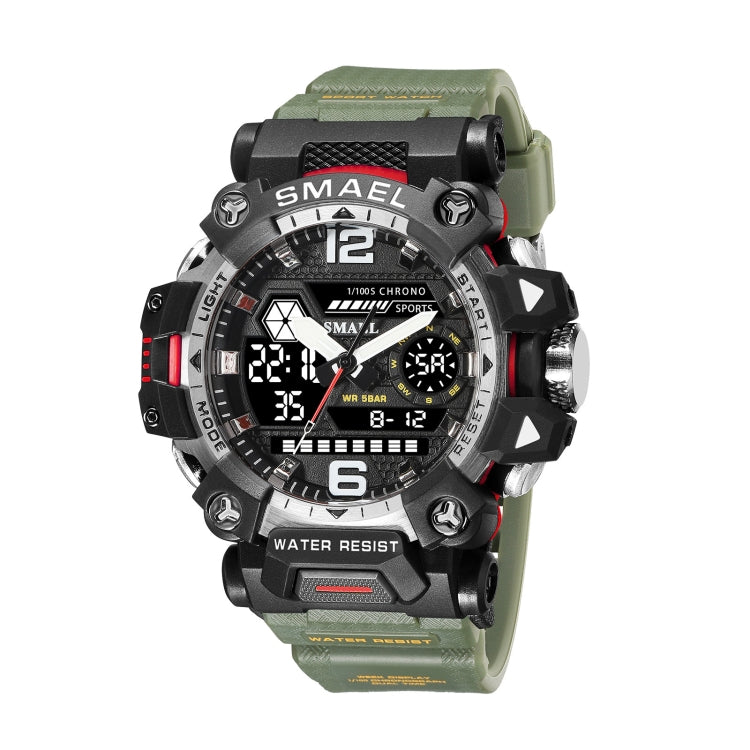 Men's dual-display digital sports watch with olive strap and black rugged case