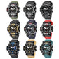 Men's dual-display digital sports watch shown in multiple strap colors