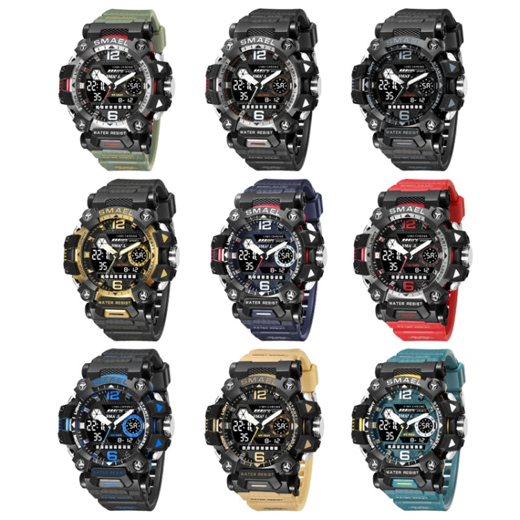 Men's dual-display digital sports watch shown in multiple strap colors