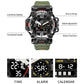 Men's dual-display digital sports watch with olive strap and large round face