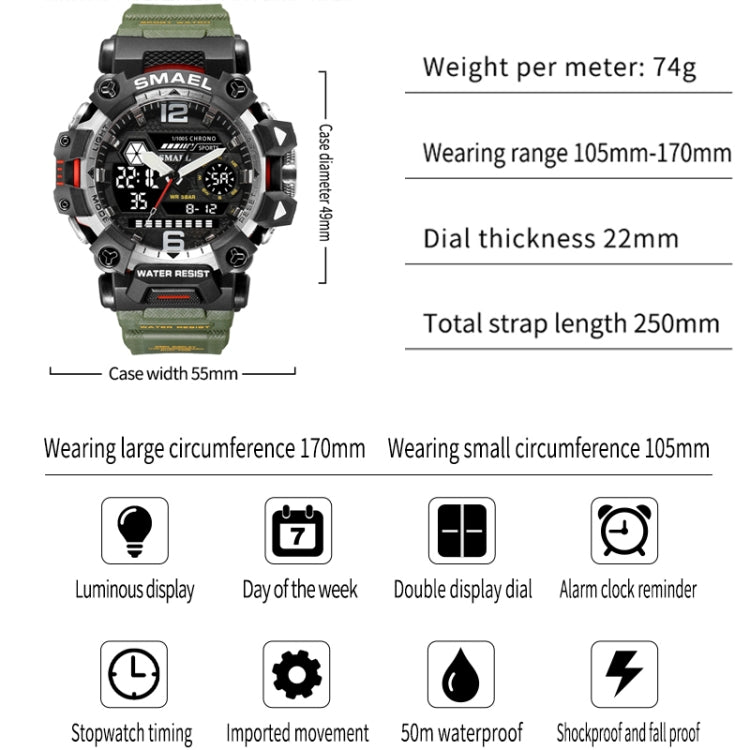 Men's rugged electronic watch with green strap, dark case, dual display and buttons
