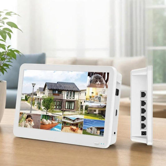 White 11.6-inch NVR monitor showing multi-camera home views, with side connection ports