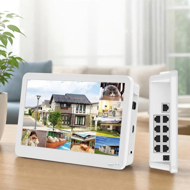 Security NVR monitor showing split-screen surveillance view with side port panel