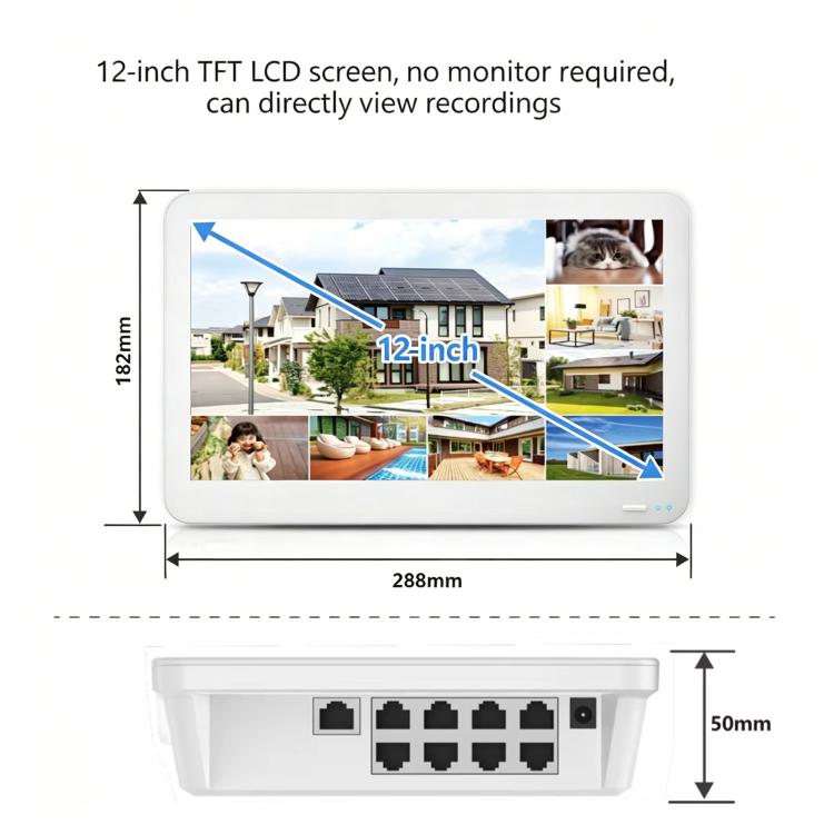11.6-inch TFT LCD security monitor with size diagram and rear port layout graphic