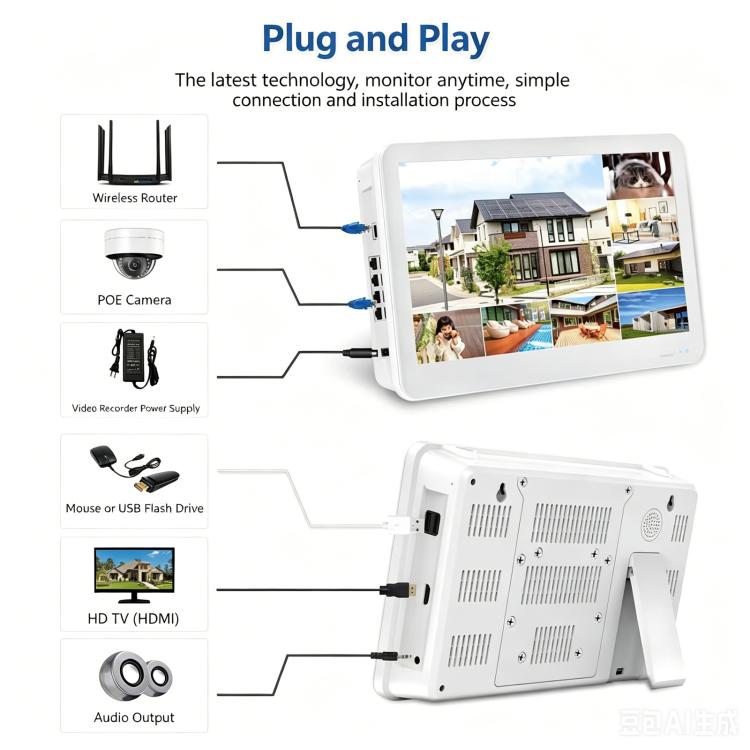 White 11.6-inch PoE NVR security recorder with built-in monitor and cable connections