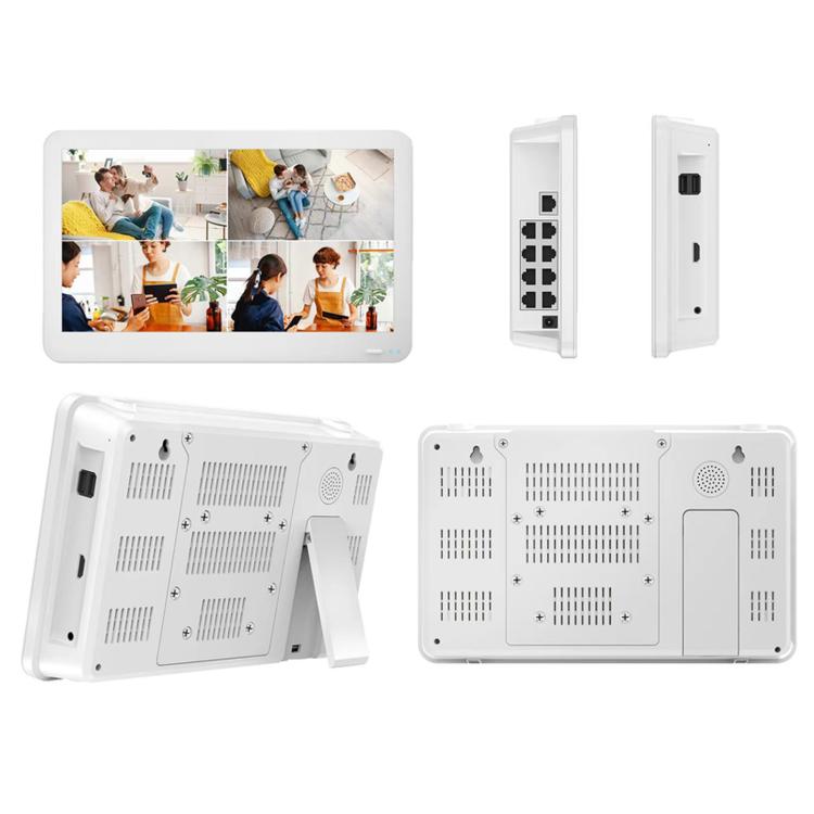 White PoE NVR with 11.6-inch display shown from front, side, and back
