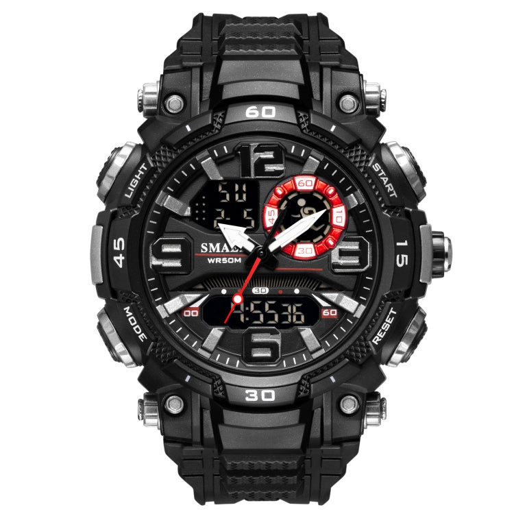 Men's sports electronic watch, black rugged case and strap with luminous multi-dial face