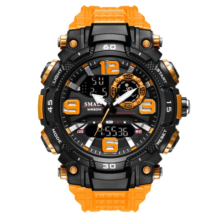 Men's sports electronic watch, orange rugged case and strap with luminous multi-dial face