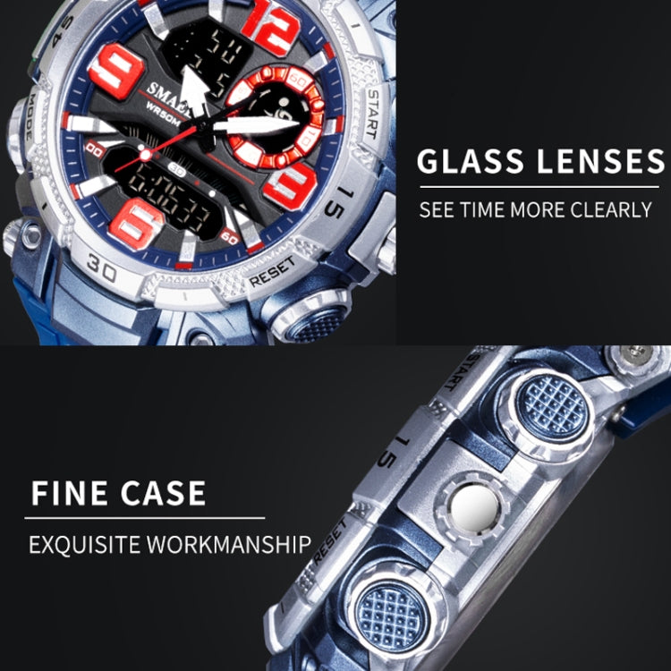 Close-up of men’s sports watch face with red and white markers and silver case detail