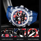 Men's sports electronic watch with blue silicone strap and silver case, red-accent dial