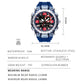 Men's sports electronic watch shown with size diagram, blue strap and silver rugged case