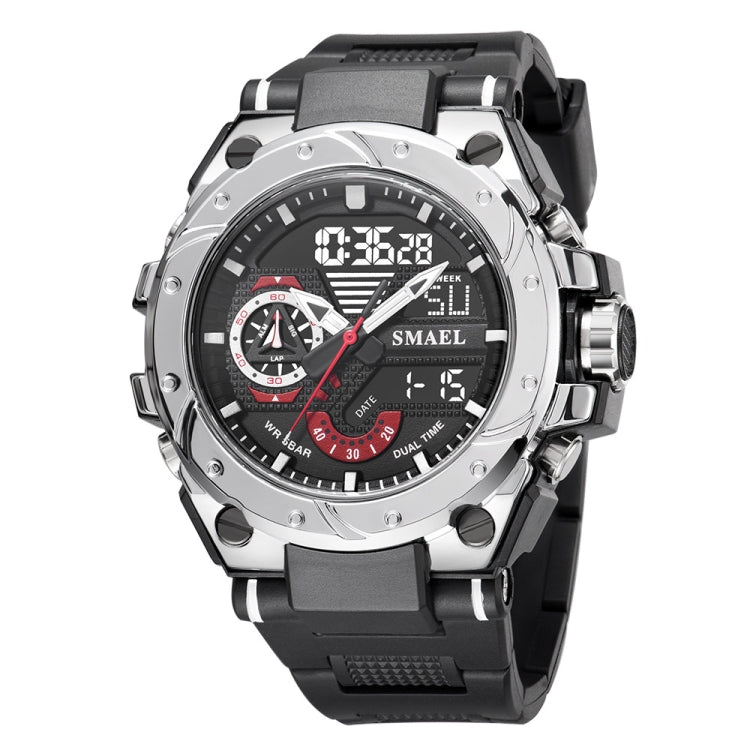 Men's sports alloy watch with silver bezel and dark dial on black rubber strap