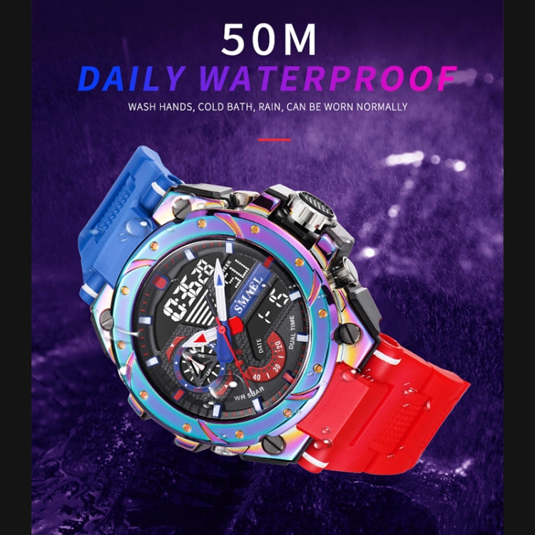 Men's sports alloy watch with blue strap and colorful bezel on dark dial