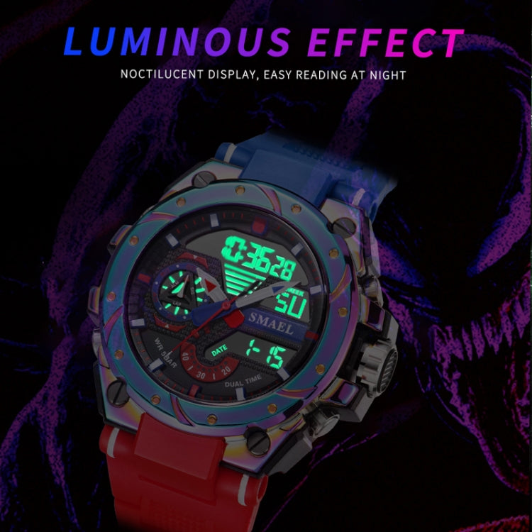 Men's sports alloy watch with blue and red strap and luminous display at night