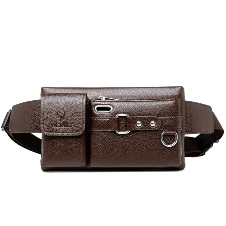 Brown PU men's waist bag with front flap, buckle straps, and metal rings