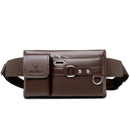 Brown PU men's waist bag with front flap, buckle straps, and metal rings
