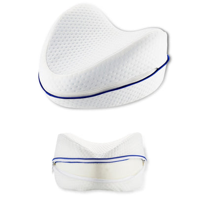 White crescent memory foam leg pillow with blue piping