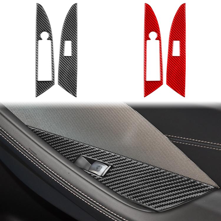 Carbon-fiber window switch trim stickers with cutouts, shown black and red