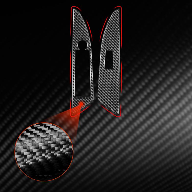 Black carbon-fiber window switch trim stickers with cutouts, installation guide