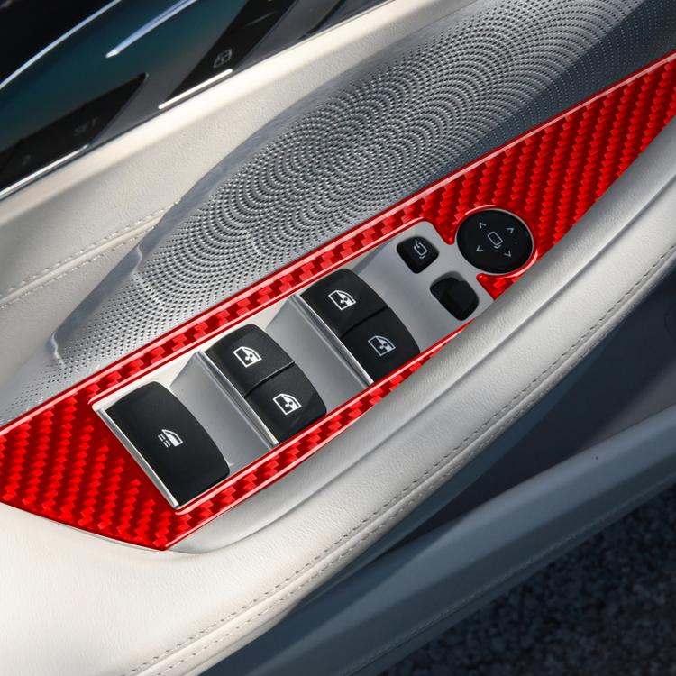 Red carbon-fiber switch trim stickers on car door panel around window switches