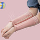 Pink knitted arm sleeve wrist guards with geometric pattern stripes over the forearm