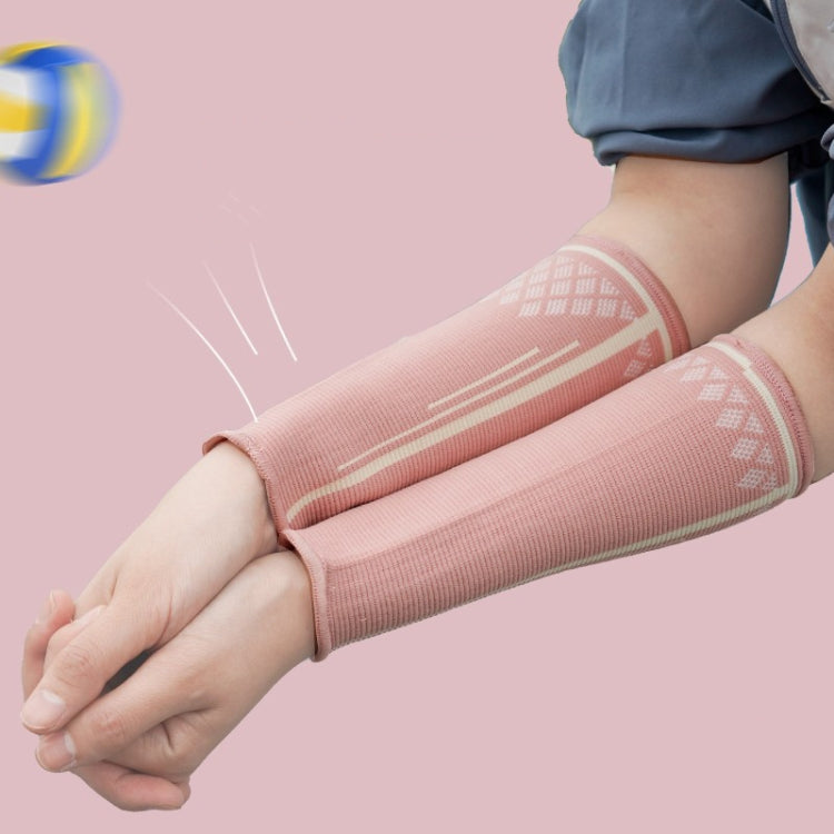 Pink knitted arm sleeve wrist guards with geometric pattern stripes over the forearm