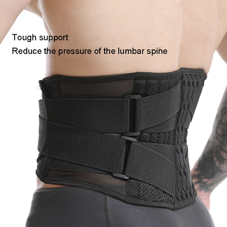 Black lumbar support belt with front adjustable straps and textured elastic weave