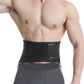 Black abdominal support belt worn on torso with wide wrap and hook-and-loop strap