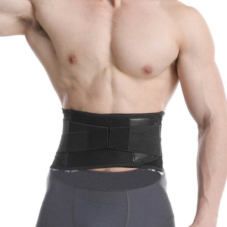 Black abdominal support belt worn on torso with wide wrap and hook-and-loop strap