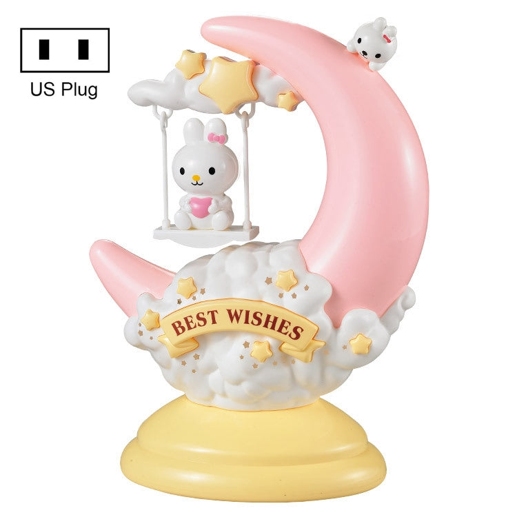 Pink moon table lamp with rabbit figures, kids night light, US plug.
