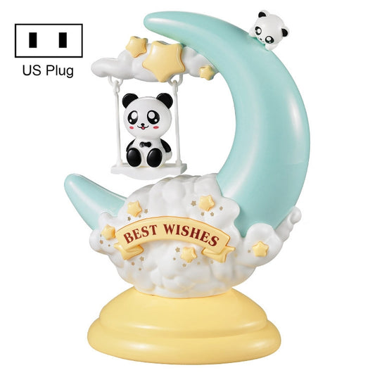 Light blue moon table lamp with panda figures, kids night light, US plug.