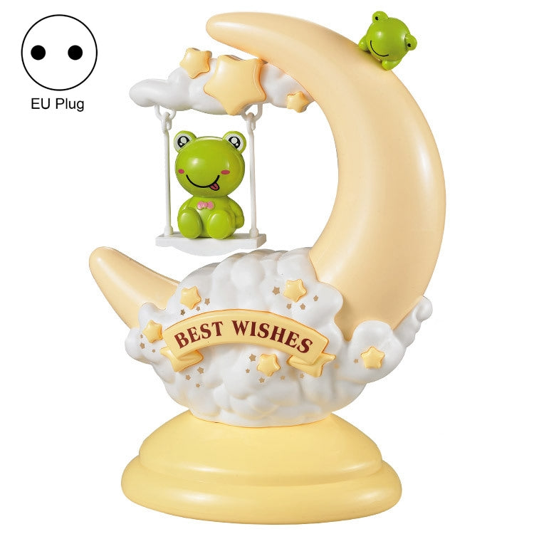 Cream moon table lamp with frog figures, kids night light, EU plug.