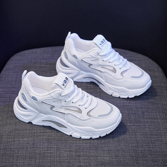 White leather-mesh casual sneakers with blue trim, lace-up, chunky sole